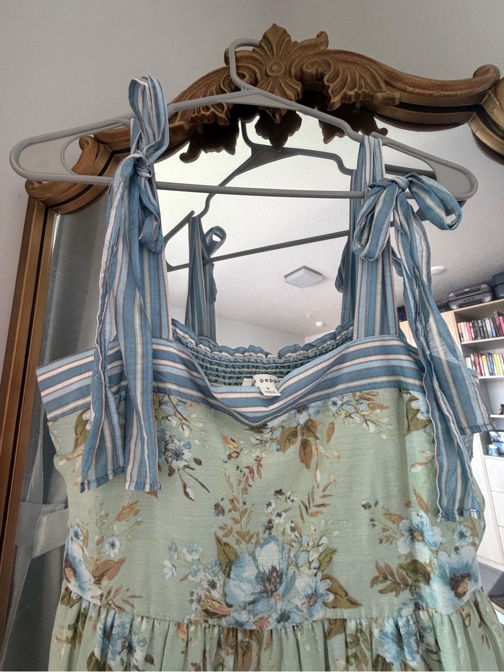 Blu Pepper - Floral Tiered Maxi Dress with Tie Straps - Sage & Blue - Picture 5 of 8